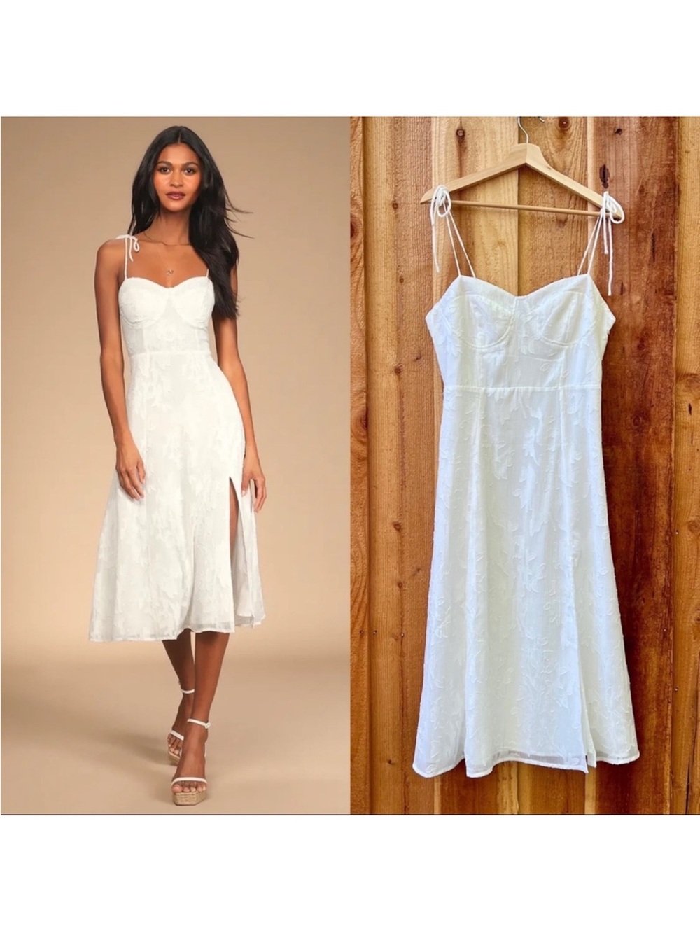White and Silver Floral Jacquard Bustier Tie-Strap Midi Dress 🌿